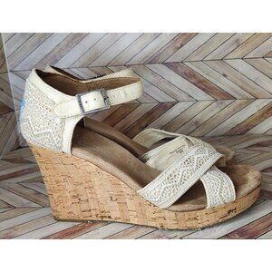 Women Toms Sienna Cream Lace Ankle Strap Heel Wedge Shoe Size 9 3.5"